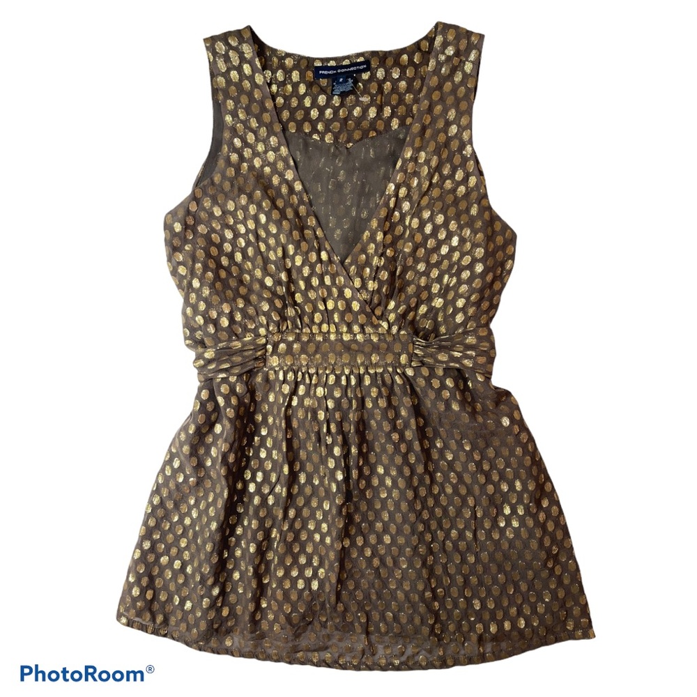 French Connection Gold Polka Dot Silk Top Blouse 2